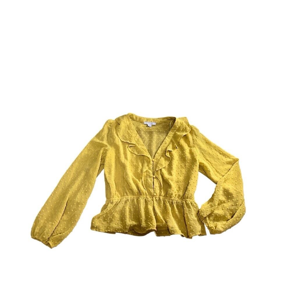 Favlux Fashion Blouse Sz L Long Balloon Sleeve V-Neck Textured Top Mustard - Picture 9 of 9